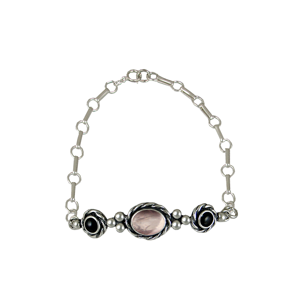 Sterling Silver Gemstone Adjustable Chain Bracelet With Rose Quartz And Black Onyx